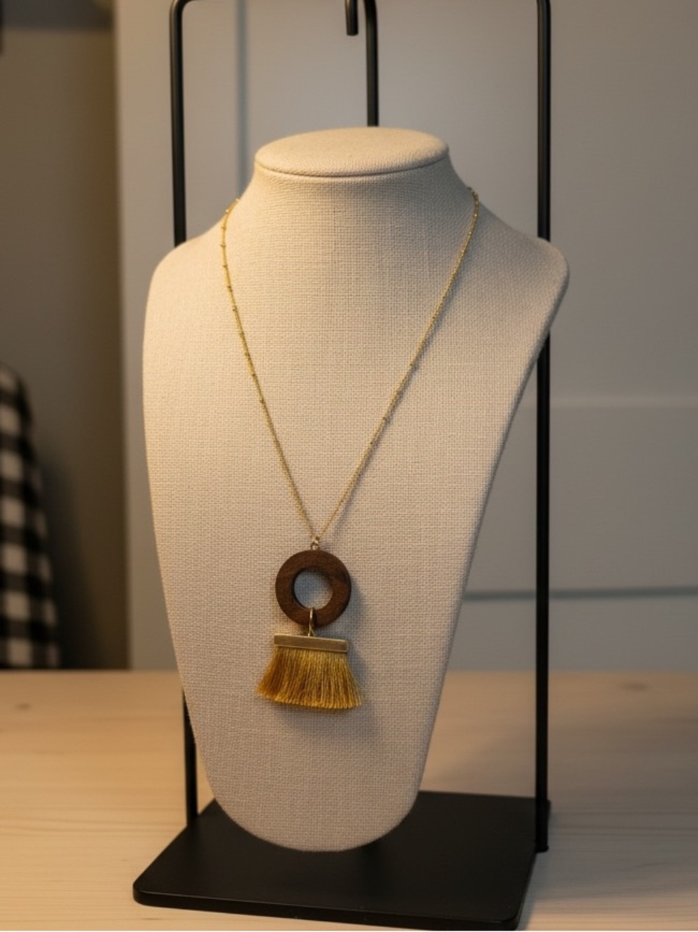 Gold-Tone Chain Necklace with Wooden Ring and Mustard Tassel